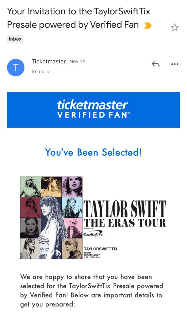 Taylor Swift, Ticketmaster Verified Fan, Presale Selected Email